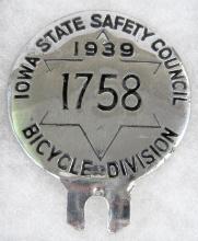 Antique 1939 Iowa State Safety Council- Bicycle Division License Plate Topper