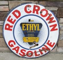 Authentic Antique Red Crown Gasoline 30" Doubles Sided Porcelain Gas & Oil Sign