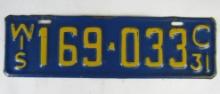 Antique 1931 Wisconsin License Plate