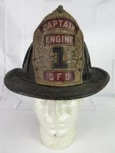 Antique All Leather Fire Helmet Captain Engine #1 GFD Gloucester Mass.