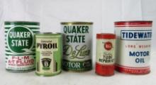 Lot (5) Antique Metal Gas & Oil Related Cans Pyroil, Quaker State, Tidewater, Whiz