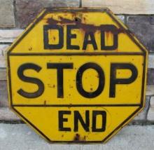 Antique Heavy Embossed Steel Yellow STOP Sign "DEAD END"