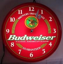 Excellent Lighted Budweiser Advertising Wall Clock (18" Diameter)