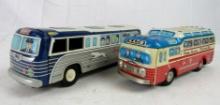 (2) Antique Japan Tin Friction Busses- Greyhound (11"), Honk-Along Childrens Bus (9")