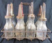 Antique Glass Service Station Oil Bottle Carrier with 8 Bottles