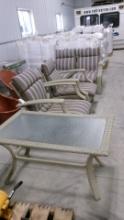 PATIO SET: 2 CHAIRS, LOVE SEAT, & GLASS TOPPED TABLE