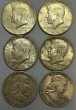 Kennedy Half Dollars (4) & Franklin Half Dollars (2)