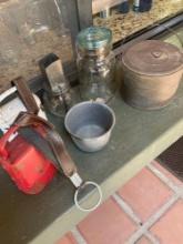 Cow bells, mason jars, tin bucket, cup. 6 pieces