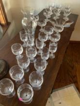 Vintage 27 assorted rippled crystal glasses, glass vase & glass bowl