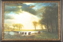 Large framed Giclee, artist signed lower right "Juez. M", depicting massive herd of Buffalo crossing