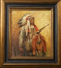 Large framed Oil on Canvas of well decorated Indian Chief, unsigned, but very well done. Gallery fra
