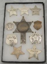 Framed Showcase Collection of 10 Badges to include: (1) Police 5-point Ball Star Badge, 2 1/2" acros