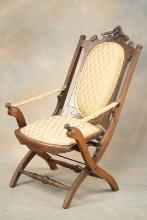 Walnut Victorian Folding Campaign Chair, circa 1880s-90s, original condition with new fabric, 38" ta