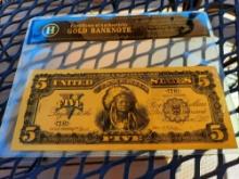 24K Gold Banknote 5 Dollar Indian Gold Certificate Bill In Holder Authenticity Black Holder