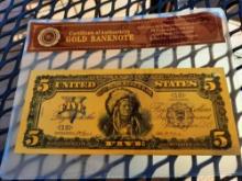 24K Gold Banknote 5 Dollar Indian Gold Certificate Bill In Holder Authenticity Holder