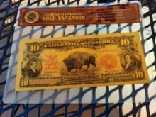 24K Gold Banknote $10.00 Buffalo Note In Protective Certificate Holder