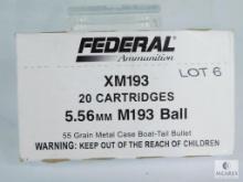 20 Rounds Federal Ammunition XM193 5.56mm M193 Ball 55 Grain Metal Case Boat-Tail Bullet