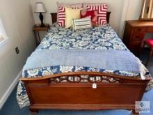 Wooden Double Bed with Side Table and Lamp