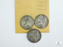 Lot of Three Silver War Nickels - 1942-P, 1942-S, 1944-P