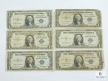 Group of Six $1 US Small Size Silver Certificates