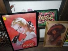 3 Collectible Coca-Cola Pictures & Blue Bell Sign