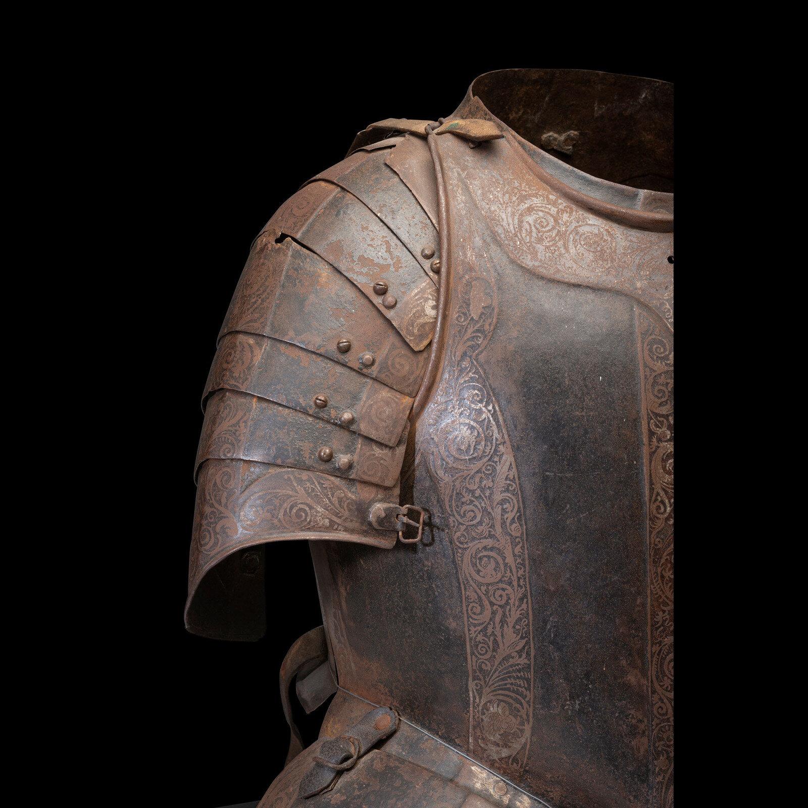 A 17th Century German Etched and Painted Half Suit of Armor