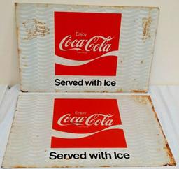 6 Vintage 1970s Coke Coca-Cola Metal Sign Set Bulk Dealer Lot Flange 19x28 Served Ice Advertising