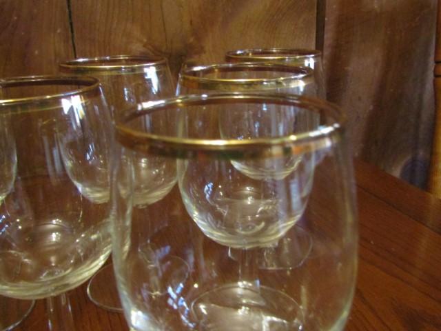Set Of 6 Crystal Red Wine Glasses W/ Gold Rim