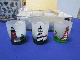 Porcelain Planter W/ Underplate And 8 Lighthouse Themed Votive Holders