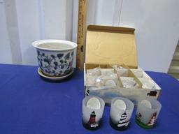 Porcelain Planter W/ Underplate And 8 Lighthouse Themed Votive Holders