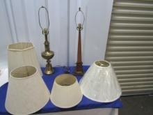 Vtg Brass Table Lamp, Vtg Wood Table Lamp And 4 Lamp Shades