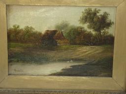 Rare Find Pastoral Pond Landscape Antique Oil on Canvas Original Artwork Signed C. Morris in