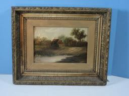 Rare Find Pastoral Pond Landscape Antique Oil on Canvas Original Artwork Signed C. Morris in