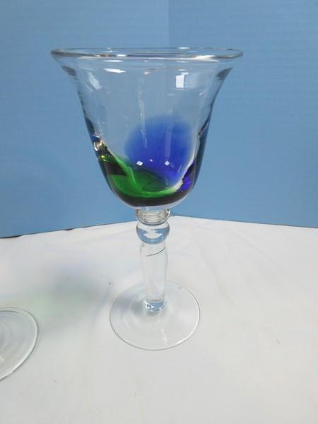 Set of 4 hand Blown Blue/Green Art Glass 8 3/4" Wine Stemware Goblet Glasses- Possibly Pier 1