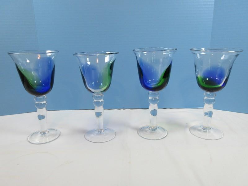 Set of 4 hand Blown Blue/Green Art Glass 8 3/4" Wine Stemware Goblet Glasses- Possibly Pier 1