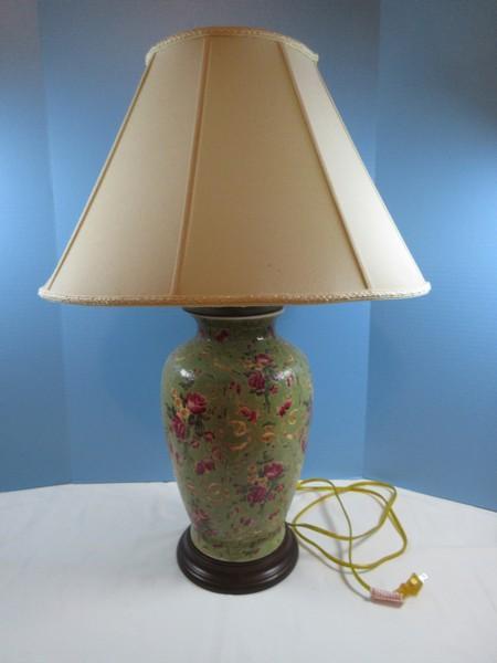 Oriental Accent Opulent Porcelain Vase 29" Table Lamp Hand Painted Incised Floral Spray &