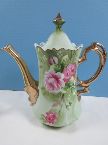 5pc Lefton China Heritage Green 8 3/4" Coffee Pot & Lid,Creamer & Covered Sugar Bowl. Est $150