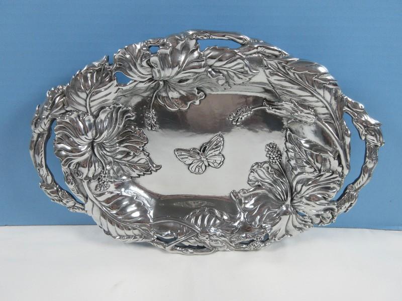 Arthur Court Aluminum hollowware Hibiscus Flowers & Butterfly 14" Bread Tray