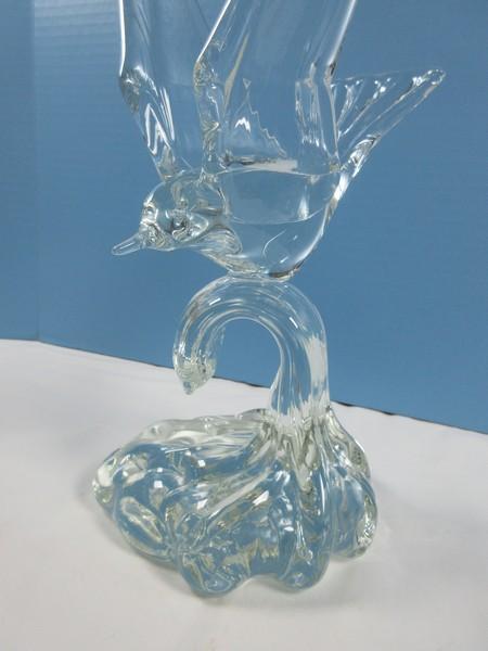 Striking Studio Art Glass Sculpture Cresting Wave w/Figural Seagull Mid Flight 15 3/4"