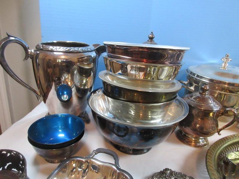 Silverplate Lot Footed Pitchers, Napkin Rings, Creamer, Sugar, Paul Revere Repro. Bowls, Gold-
