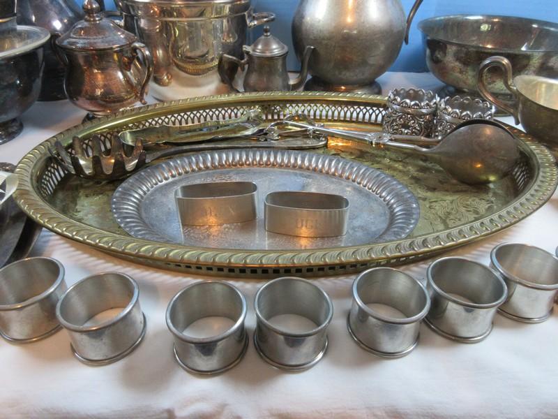 Silverplate Lot Footed Pitchers, Napkin Rings, Creamer, Sugar, Paul Revere Repro. Bowls, Gold-