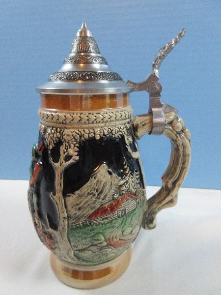8 1/2" Traditional W. Germany Pottery Clay Stein w/Hinged Pewter Lid "Jagers Farewell"