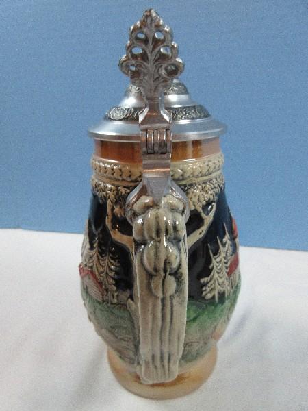 8 1/2" Traditional W. Germany Pottery Clay Stein w/Hinged Pewter Lid "Jagers Farewell"