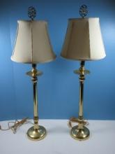 Pair Elegant Regal Brass 33" Candlestick Banquet End Lamps Intricately Design Finial