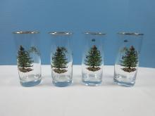 Set of 4 Spode Glassware Christmas Tree Pattern Gold Rim 6 1/4" Highball Glassware 15oz-