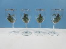 Set of 4 Spode Glassware Christmas Tree Pattern Wine Stem 7 1/4" Glasses 13oz