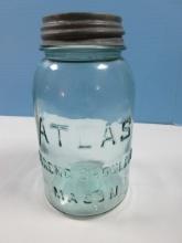 Vintage Atlas Strong Shoulder Mason Blue Glass Canning Jar #1 w/Zinc Altas Lid 7 1/4"