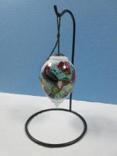 Stunning Milk Glass Hand Painted Ruby Throat Hummingbird & Flowers Ornament w/Stand 5"