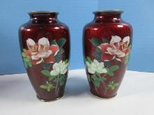 Pair Japanese Pigeon Blood Akatsuki Ginbari Cloisonne Vases w/Stem Roses & Bamboo Design