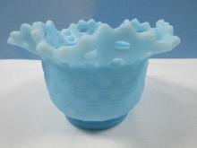Fenton Handmade Glass Basket Weave w/ Open Lace Edge Footed Bowl Blue Custerd